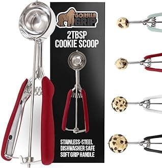 BPA-Free 304 Stainless Steel Cookie Scoop, 2 TBSP Scooper #40, Soft Grip Handle, Easy Food Release, Create Even Portions, Multipurpose Kitchen Melon Baller, Meatball Spring Scoops, Red