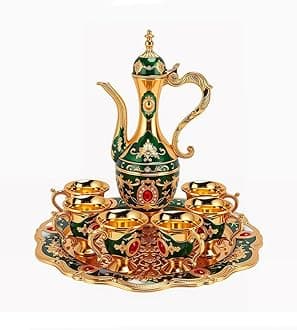 Vintage Turkish Tea Set with Tray and 6 Cups Retro Coffee Pot Cups Set Exquisite Wine Pot Set Decorative Vintage Tea Service Set for Home Party Decor (Green)