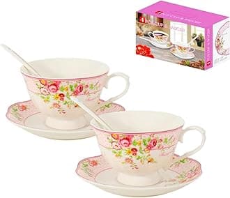 Cup and Saucer Sets of 2 with Spoon, 8 OZ Large Coffee Espresso Teacup New Bone China Floral Vintage Cup & Saucer Sets Porcelain Tea Latte Mugs -Microwave Dishwasher Safe