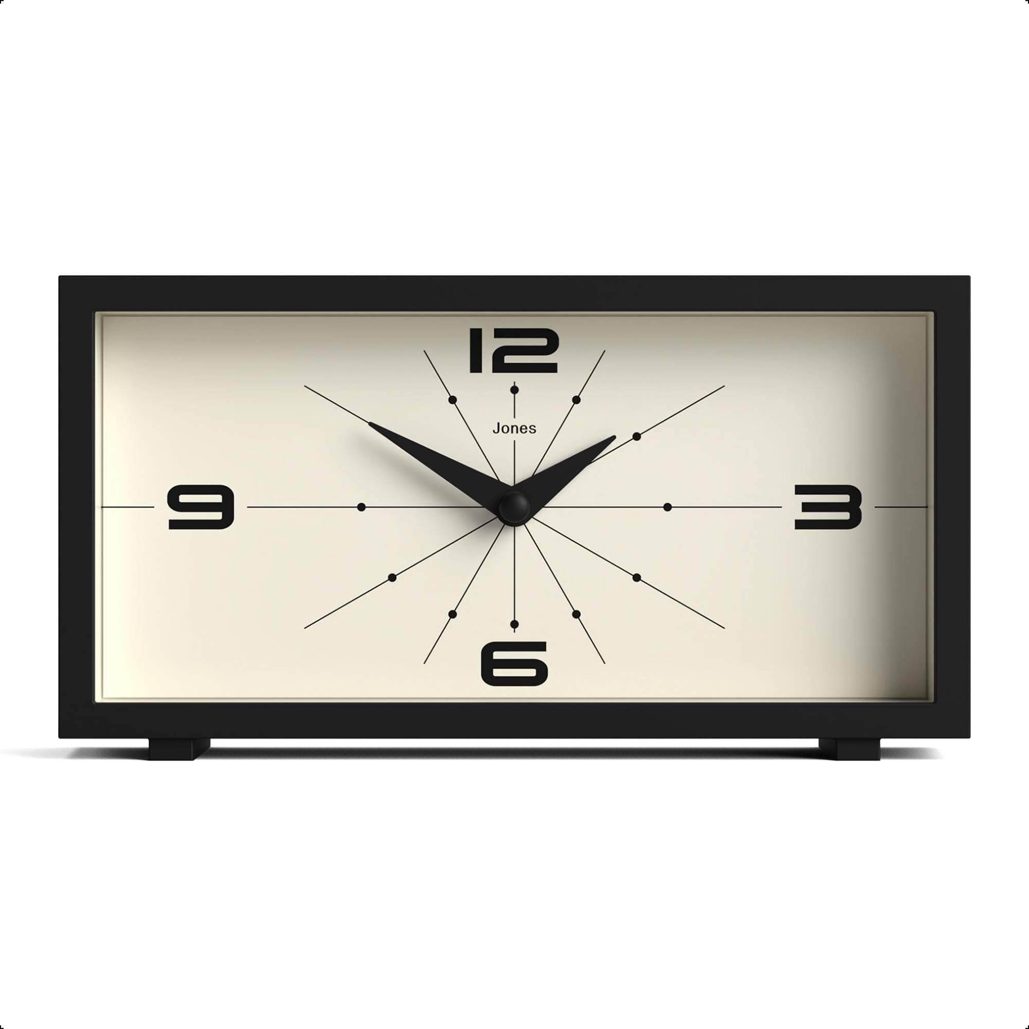 JONES CLOCKS® Odeon desk clock | Modern rectangular design | Black | Stylish retro look for shelf, table, mantel or bedside