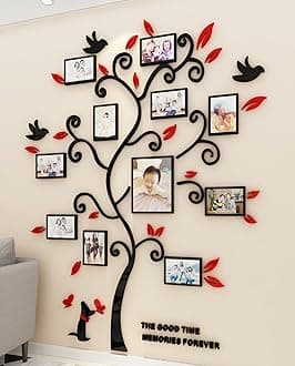 3D Tree Wall Stickers - Family Tree Wall Decor Black Trunk Picture Frame DIY Photo Frame Decals Family Frames Living Room (Red, Small)