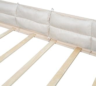 Favfurish Full Size Upholstered Floor Platform Bed with Guardrail and Pillow,Wood Montessori Bed Frame with Slat Support for Kids,Girls,Boys,Playhouse,White