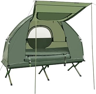 GYMAX Tent Cot, 5-in-1 Elevated Camping Cot with Sunshade, Air Mattress, Sleeping Bag & Pillow, Portable Camping Tent with Carry Bag for Outdoor Camping, Hiking, Fishing, Picnic