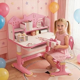 Children Learning Desk and Chair Set Pink Desk Set Height Adjustable with Drawers and Storage Compartments Curved Desktop Cartoon Learning Desks and Chairs Reading/Learning/Writing for Girl (Pink B1)