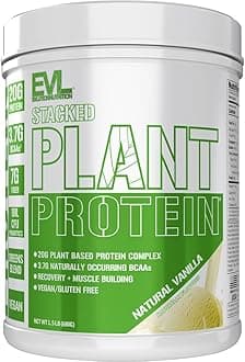 Evlution Nutrition Stacked Plant Protein Powder, Vegan, Non-GMO, Gluten-Free, Probiotics, BCAAs, Fiber, Complete Plant-Based Protein Complex, 1.5 LB (Natural Vanilla)