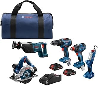 BOSCH GXL18V-501B25 18V 5-Tool Combo Kit with 2-In-1 Bit/Socket Impact Driver/Wrench, 1/2 In. Hammer Drill/Driver, Reciprocating Saw, Circular Saw, LED Worklight and (2) CORE18V 4 Ah Compact Batteries