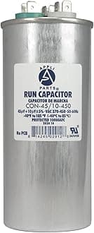 Appli Parts CON-45/10-450 Dual Run Capacitor for ac 45+10 Mfd uF (microfarads) 370VAC or 450VAC Round Universal fit for hvac and other applications 5-3/8 in High 2-1/8 in Wide