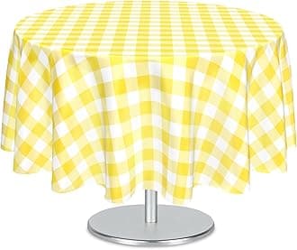 Mulbozy 2 Pcs Yellow Gingham Round Tablecloth, 84 inches Disposable Plastic Yellow and White Checkered Circle Table Covers for Baby Shower Wedding Bridal Shower Birthday Party Decorations