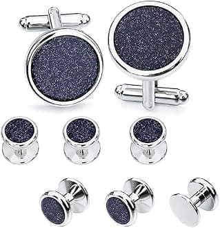 HAWSON Mother of Pearl Man Tuxedo Shirt Studs and Cufflinks Set for Wedding Business (Silve Tone- Blue Sand Stone)