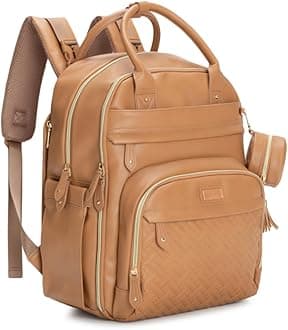 Leather Diaper Bag Backpack - Baby Essentials Travel Baby Bag, Multi function, Water Resistant, with Changing Pad, Stroller Straps & Pacifier Case – Unisex, Light Brown