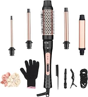 JAETON 5 in 1 Curling Iron Set with Large and Small Curling Brush for Different Curling Styles, Ceramic Coating, Fast Heating with Glove