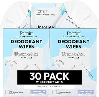 Travel Deodorant Wipes - 30 Count - Unscented - pH Balanced, Hypoallergenic Mini Deodorant Wipes For Women and Men - Plastic-Free, Individually Wrapped Underarm & Body Wipe