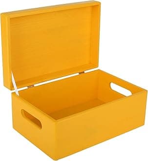 Large Yellow Wooden Box Storage with Hinged Lid | 11.8 x 7.87 x 5.51 inches (+-0.5) | with Handles | Gift Box for Tool Dog Toy Shoes Clothes Kitchen Storage | Wood Keepsake Chest