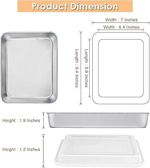 E-far Small Baking Pan with Lid, 9.4”x 7” x 2” Stainless Steel Rectangle Sheet Cake Pans for Toaster Oven, Metal Covered Bakeware for Cakes Brownies Casseroles, Non-toxic & Dishwasher Safe - Set of 2