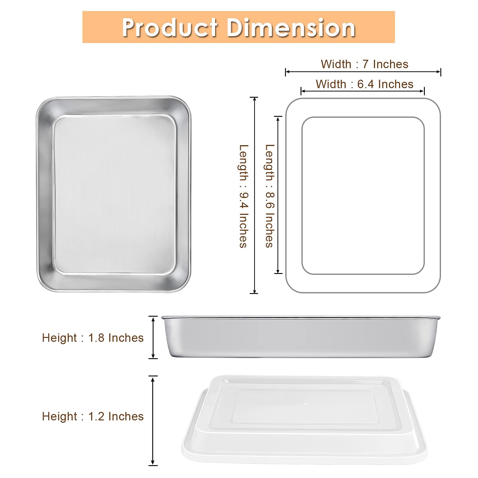 E-far Small Baking Pan with Lid, 9.4”x 7” x 2” Stainless Steel Rectangle Sheet Cake Pans for Toaster Oven, Metal Covered Bakeware for Cakes Brownies Casseroles, Non-toxic & Dishwasher Safe - Set of 2
