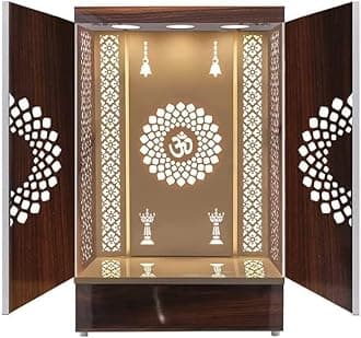 Sharvgun Wooden Temple Brown LED Light for Home and Office|Home Temple|Puja Mandir|Wall Hanging & Table Top Designer Mandir with Doors (36X24X16 in)