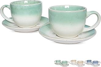 Ceramic Cappuccino Cup and Saucer Set of 2, 10 Oz, Dishwasher and Microwave Safe, Coffee Cups for Latte, Espresso, Tea, Reavtive Glaze (Green)