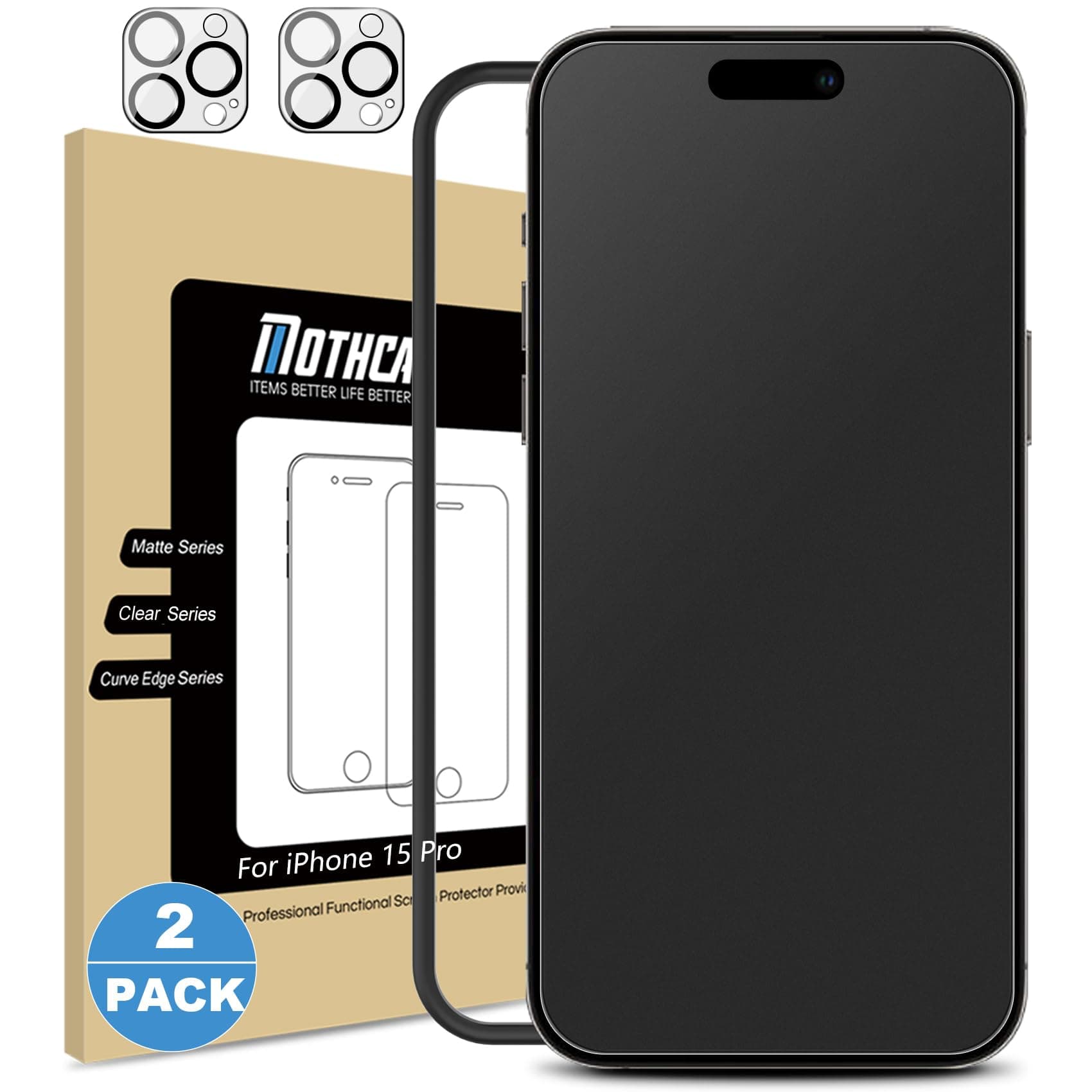 Mothca 2 Pack Matte Glass Screen Protector for iPhone 15 Pro [6.1 inch] + 2 Pack Camera Lens Protector, Anti-Glare & Anti-Fingerprint Case Friendly Tempered Glass Film, Bubble Free, Smooth as Silk