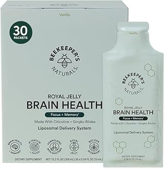 Nootropic Brain Supplement by Beekeeper's Naturals, 500mg Citocoline, Ginkgo Biloba, Bacopa Monnieri & Royal Jelly, Supports Focus & Memory, Easier Absorption, Plus a Tasty Vanilla Flavor, 30ct