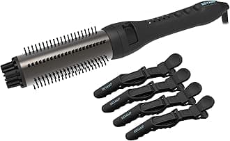 REVAMP Progloss Perfect Finish Curl & Waves Brush + Hair Sectioning Clips - Heated Curling Hairbrush for Curly Hairstyles, Unique Waver and Volumiser, Infused with Keratin, Coconut, Argan Oil - Black