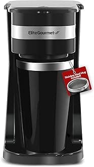 Elite Gourmet EHC114 Personal Single-Serve Compact Coffee Maker Brewer Includes 14Oz. Thermal Travel Mug with Stainless Steel Interior, Compatible with Coffee Grounds, Reusable Filter, Black