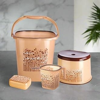 Nayasa Square Ring Funk Plastic Set for Bathroom | 25 Liters Bucket & 1.5 Liters Mug, Bathroom Accessories Set, Bucket, Mug, Stool & Soap Case, Brown - Bathroom Set of 4