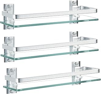 3 Pack Bathroom Glass Shelf,Aluminum Tempered Glass 0.34in Extra Thick Rectangular 1 Tier Storage Organizer Wall Mount,Silver 15.7in