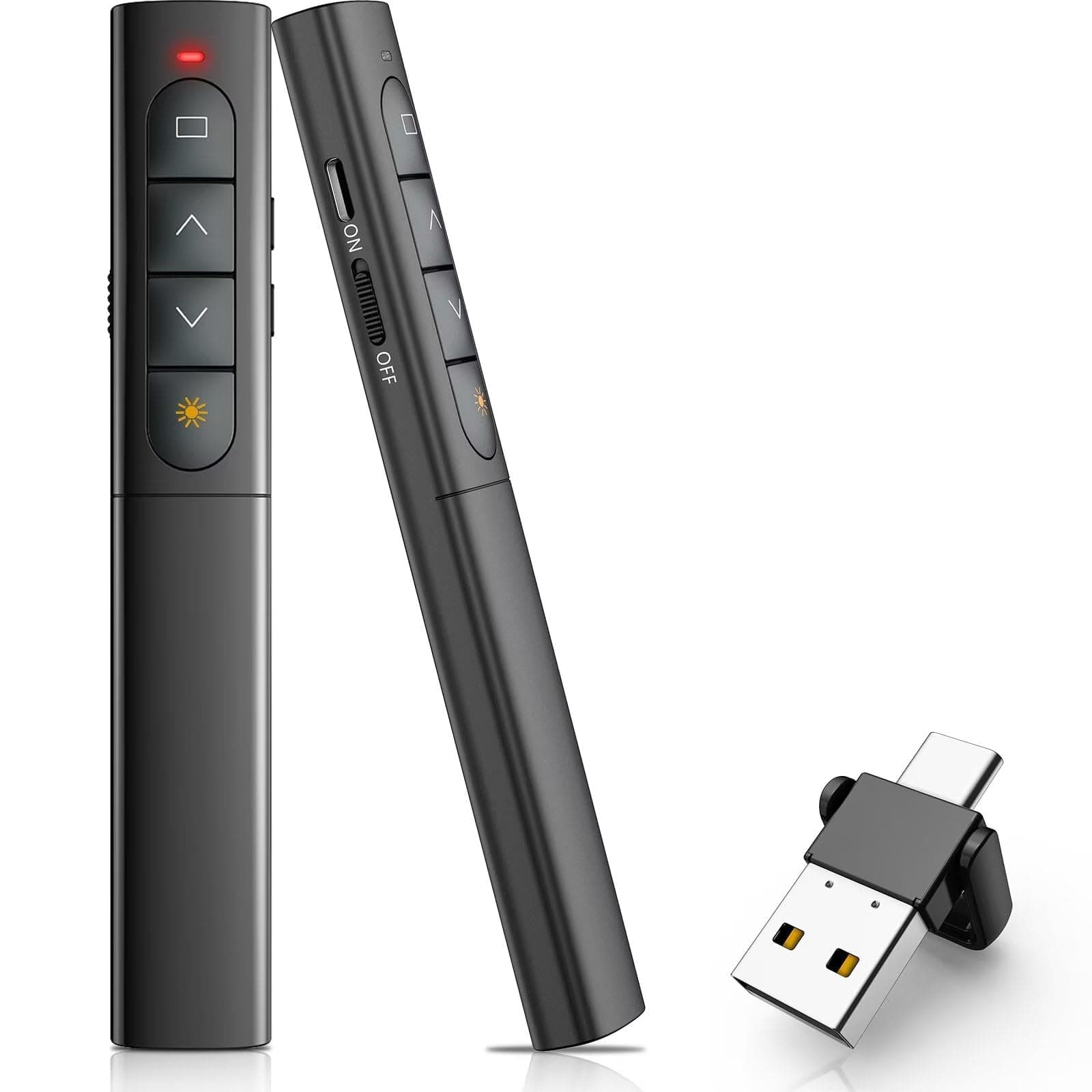 Wireless Presenter Remote 2-in-1 Clicker with Red Laser Pointer, Dual USB & Type-C Receiver, 2.4GHz Slide Controller for Laptop, MacBook, Windows (Black)