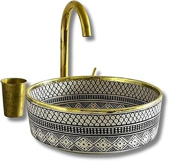 MIRATILE Handmade Ceramic Basin Sink, Handwash Countertop Vanity Basin, Farmhouse Bathroom Basin, Sink Bowl with Brass Rim Edge, Hand Painted Wash Basin Sink (8"= 20cm, Contact us for More Colors)