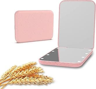 Kintion Wheat Straw Pocket Mirror, 1X/3X Magnification Travel Mirror for Purse, Lighted Plastic Fiber Mirror, Folding Handheld Mirror, Small Lighted Compact Mirror for Gift, Pink