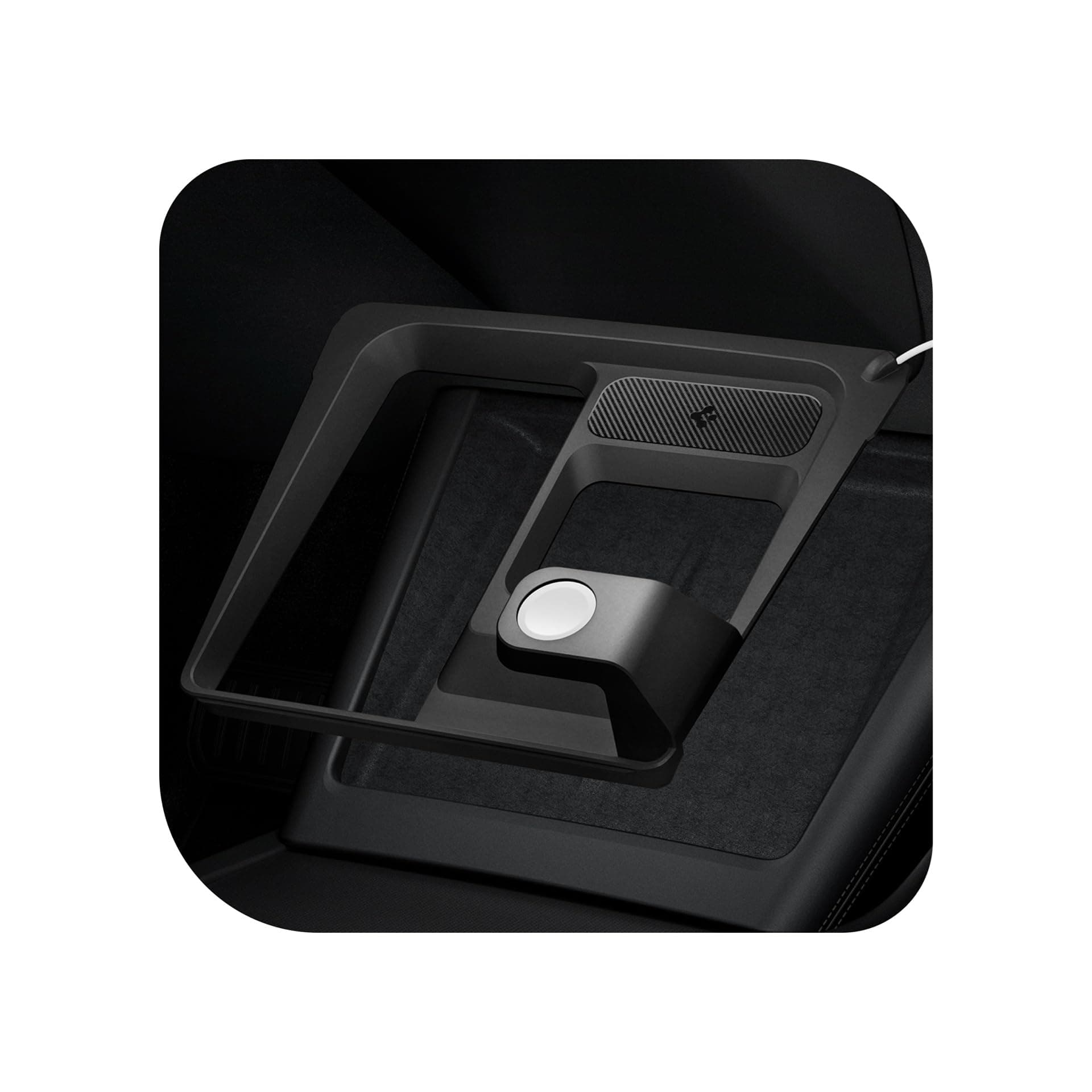 Spigen 3-in-1 Organizer Mount for Tesla Model 3 Highland (Standard, Premium & Performance 2024/25/26) (Watch Charger Not Included) - Uses Wireless Charging Pad - Charge iPhone, AirPods, Apple Watch