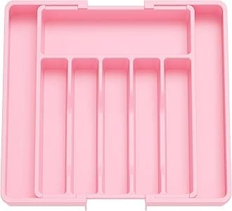 Lifewit Silverware Drawer Organizer, Expandable Utensil Tray for Kitchen, BPA Free Flatware and Cutlery Holder, Adjustable Plastic Storage for Spoons Forks Knives, 13-22 x 15", Pink