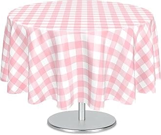 Mulbozy 2 Pcs Pink Gingham Round Tablecloth, 84 inches Disposable Plastic Pink and White Checkered Circle Table Covers for Baby Shower Wedding Bridal Shower Birthday Party Decorations