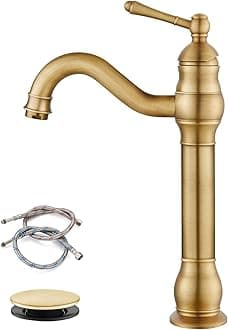 gotonovo Vessel Sink Faucet Antique Brass Bathroom Single Handle Lavatory Vanity Mixer Bar Tap with Pop Up Drain Tall Spout Single Hole Deck Mount
