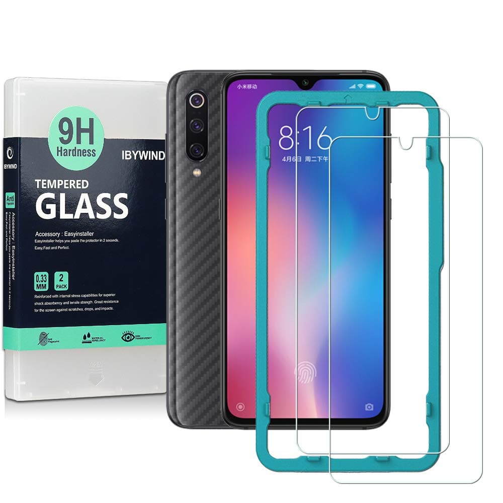 Screen Protector For Xiaomi Mi 9/9 Pro,with 2Pcs Tempered Glass,1Pc Backing Carbon Fiber Film [Fingerprint Reader,Easy to install]