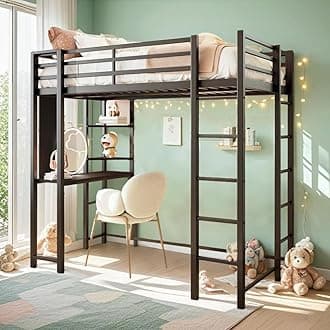 SUNLEI Metal Loft Bed with 2 Secured Ladders, Bunk Bed with Desk and Bookshelves, Twin Loft Beds Safety Guard, Space-Saving, Noise Free for Small Bedroom, Black (Modern, Twin)