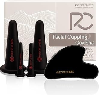 Facial Cupping Set & Gua Sha Tool - Silicone Obsidian Stone Face Therapy For Natural Skin Care, Puffiness, Lip Plumping(Black)