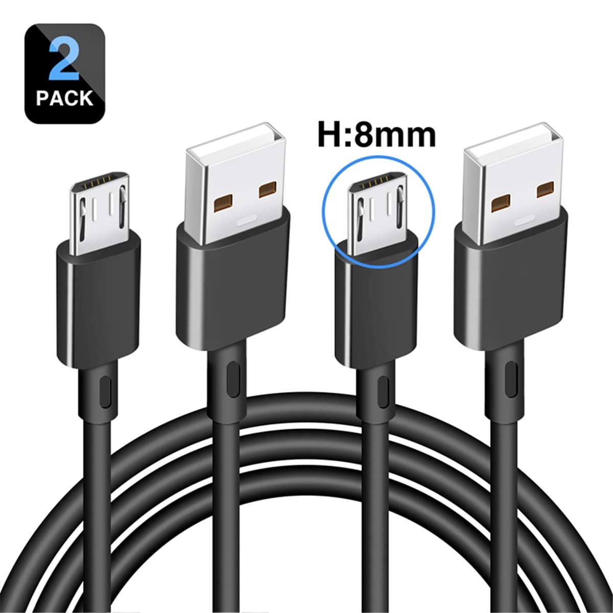 Micro USB Cable,AITEE 8-9mm Extended Tip PVC Data Transmission Cable for Rugged Phone,Android Phone,Tablet, Echo Dot, Waterproof Phone，Huawei,Samsung, Ulefone Armo and More (Black, 1M2PACK)