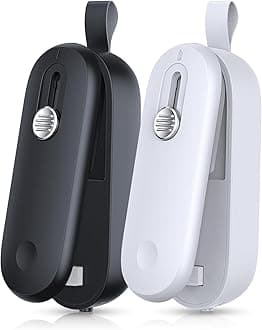 FEPPO 2 Pack Bag Sealer, Mini Bag Sealer 2 in 1 Handheld Chip Bag Sealer Heat Seal and Cutter with Lanyard, Portable Resealer for Snacks Plastic Bag Food Storage, Black/White (Batteries Included)