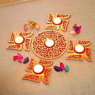 Saudeep India MDF Wood Readymade Swastik Shape Rangoli Set with Tealights | Decorative Tea Light Candle Holder for Home Decor | Festive Decoration & Corporate Gift Item for Pooja and Celebrations