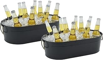 Ice Bucket Galvanized Tub, 2 Pcs 5 Gallon Oval Beverage Tub, Drink Cooler Ice Buckets for Parties, Metal Bucket with Handle for Beer Whiskey Wine and Cocktails (Black)