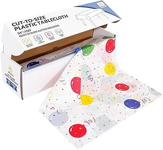 54 Inch X 100 Feet Plastic Table Cover Roll Disposable Tablecloth with Slide Cutter for All Type/Shape Tables | Picnic, Party, Banquet, Birthdays, Weddings (Balloon)
