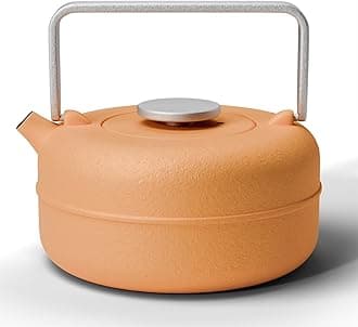 Teapot with Removable Infuser, Cast Iron Tea Kettle Stovetop Safe, Solid Geometry Cylinder Design Tea Pot Coated with Enameled Interior for 27 Ounce (800 ml), Yellow to Orange