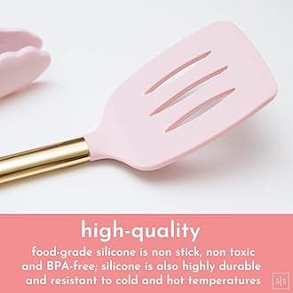 STYLED SETTINGS HAMIIS Silicone Pink and Gold Stainless Steel Kitchen Utensils With Holder - Whisk, Ladle, Spatula, Rose Gold Tongs