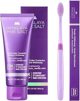 HIMALAYA PINKSALT Purple Color Corrector Whitening Toothpaste & Purple Indicater Medium Toothbrush, 3.5oz, Unflavored, Whitening and Stain Removal, Adult, Unisex