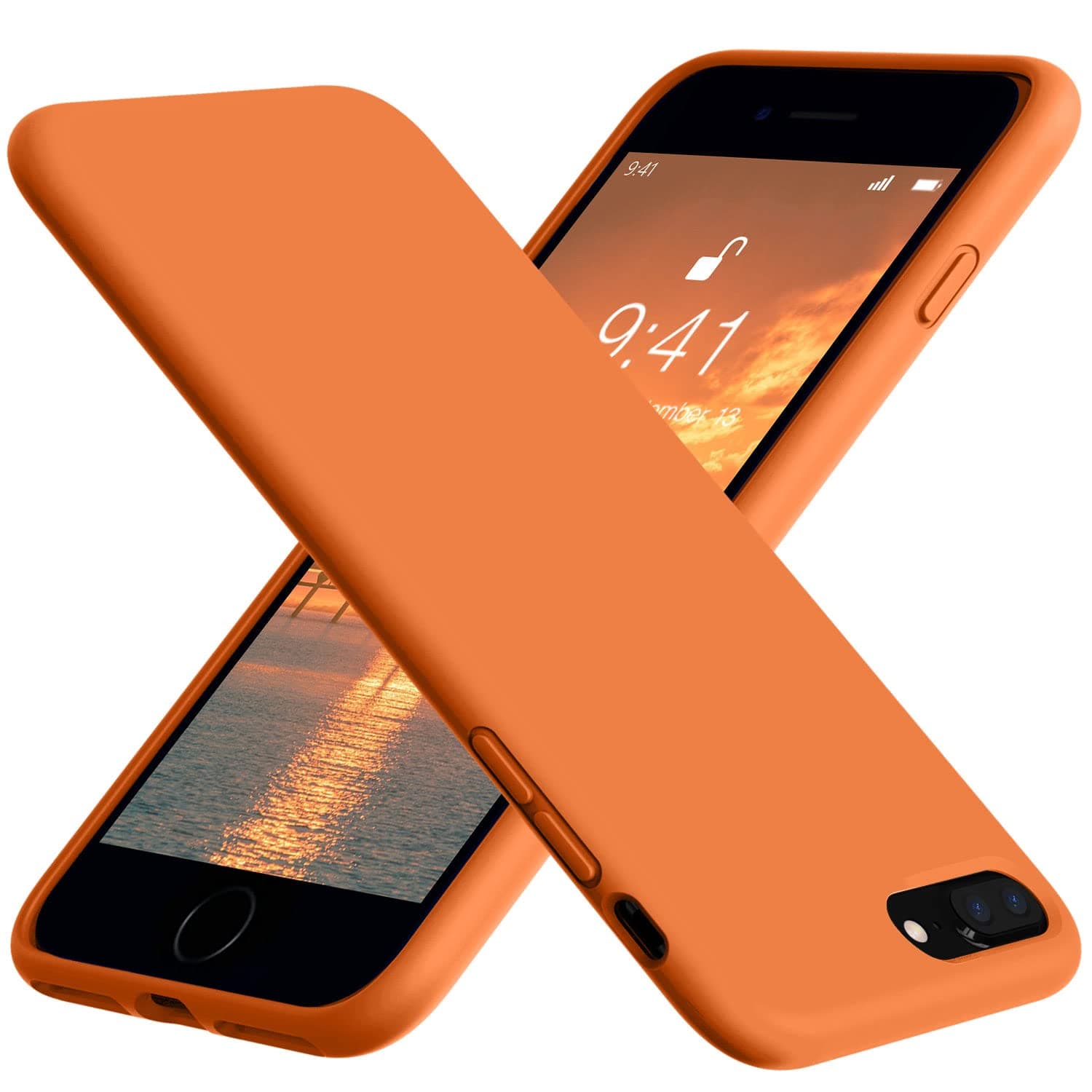 Vooii for iPhone 8 Plus /7 Plus Case, Soft Silicone Gel Rubber Bumper Case Microfiber Lining Hard Shell Shockproof Full-Body Protective Case Cover - Bright Orange