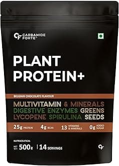 Carbamide Forte Plant Protein Powder - Plant Based Protein Powder with Multivitamin, Minerals, Superfoods, Pea Protein, Digestive Enzymes | Plant Protein Powder - Belgian Chocolate Flavour - 500g