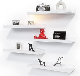 RICHER HOUSE 5 Set White Floating Shelves, Wall Mounted Shelves for Wall Decor, Modern Picture Ledge Shelf with Lip for Wall Storage Nursery, Bedroom, Living Room, Bathroom - White