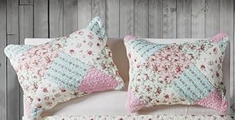 Brilliant Sunshine Pink and Green Rose Patchwork Pillowshams Set, Quilted Standard Pillowcases, 20x26 with 2" Flange, Scalloped Edge Pillow Covers, Pack of 2, Pink Green