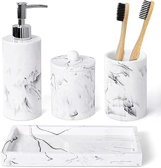 Haturi Bathroom Accessory Set, 4 Pcs Marble Look Bathroom Accessories Sets Complete With Soap Dispenser, Toothbrush Holder, Apothecary Jar, Tray, Home Apartment Modern Bathroom Decor Vanity Countertop